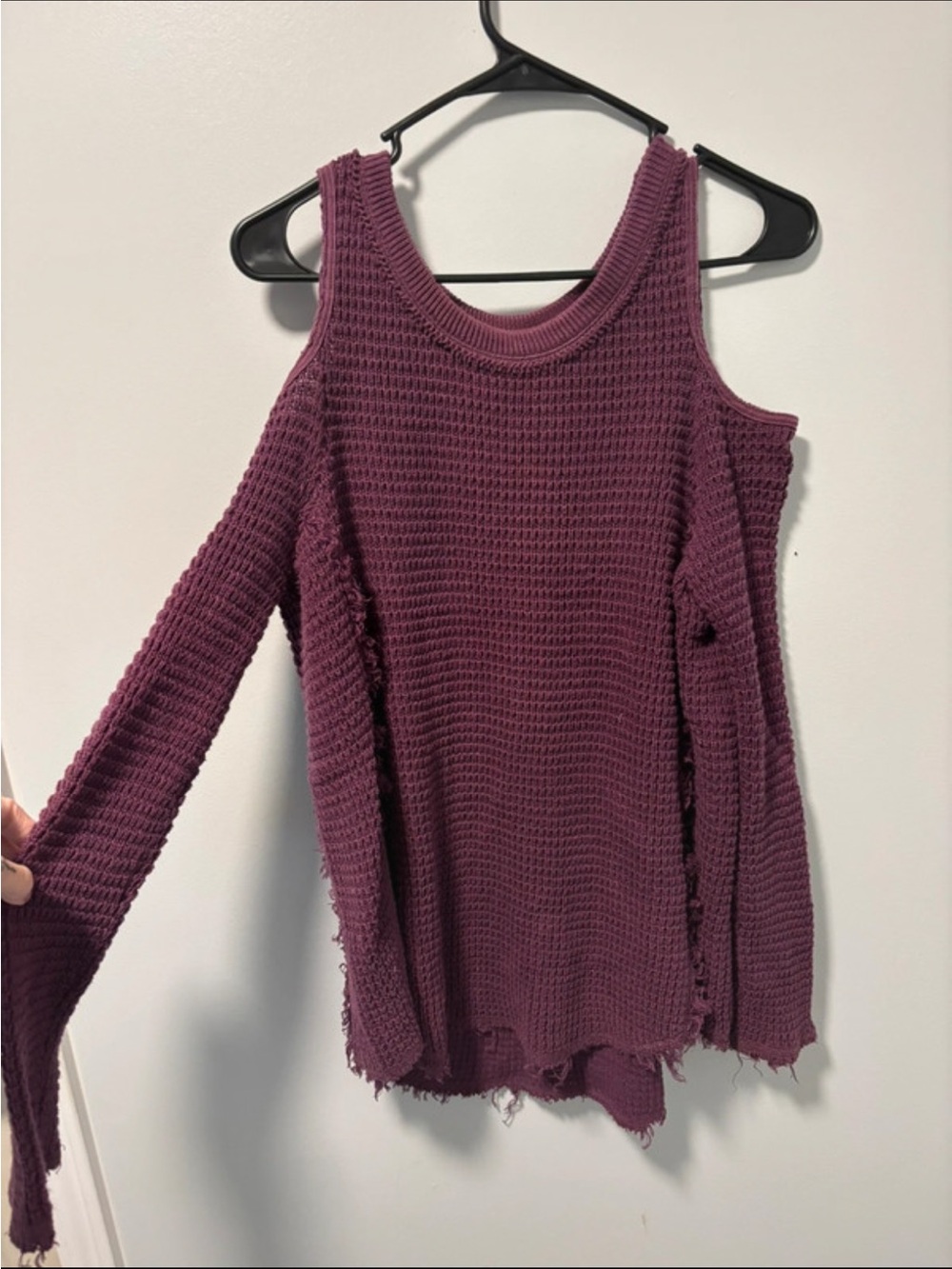 Free People Plum Cold-Shoulder Distressed Waffle Knit Sweater